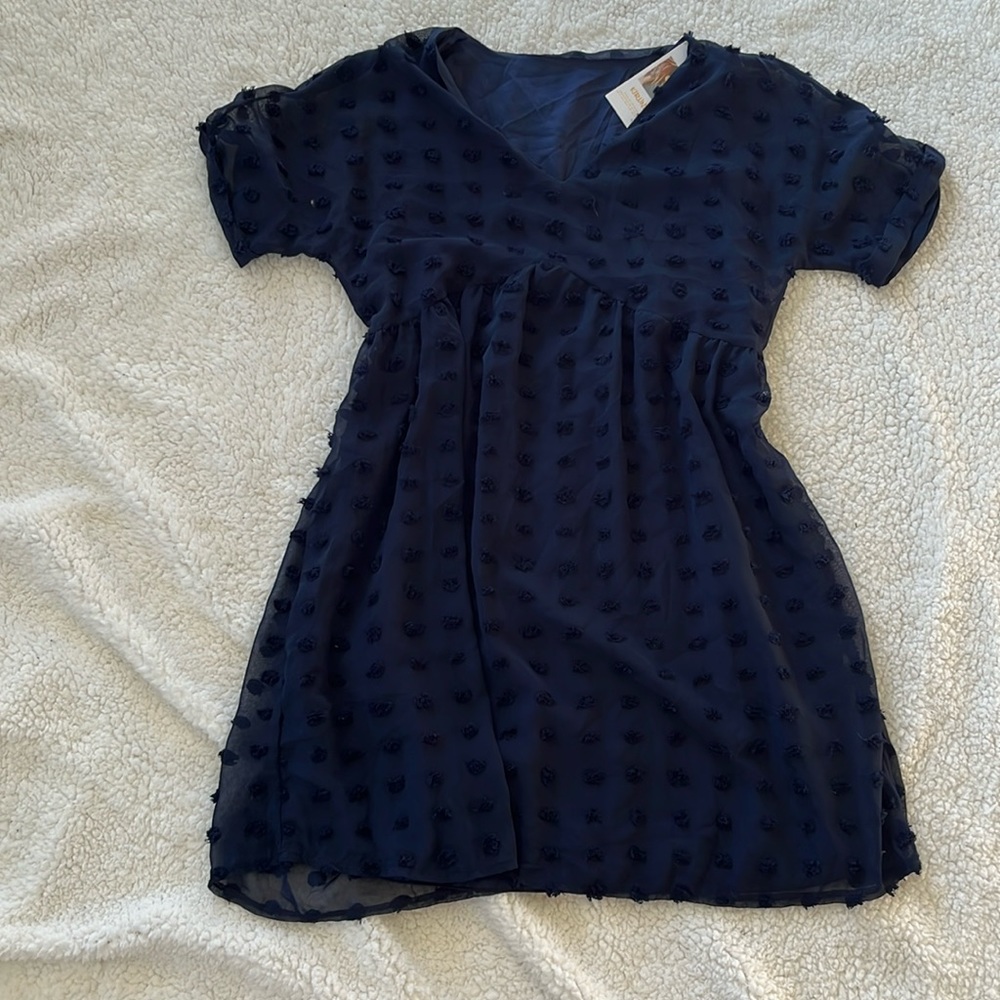 NWT Dark navy Swiss dot knee length loose flowy dress babydoll